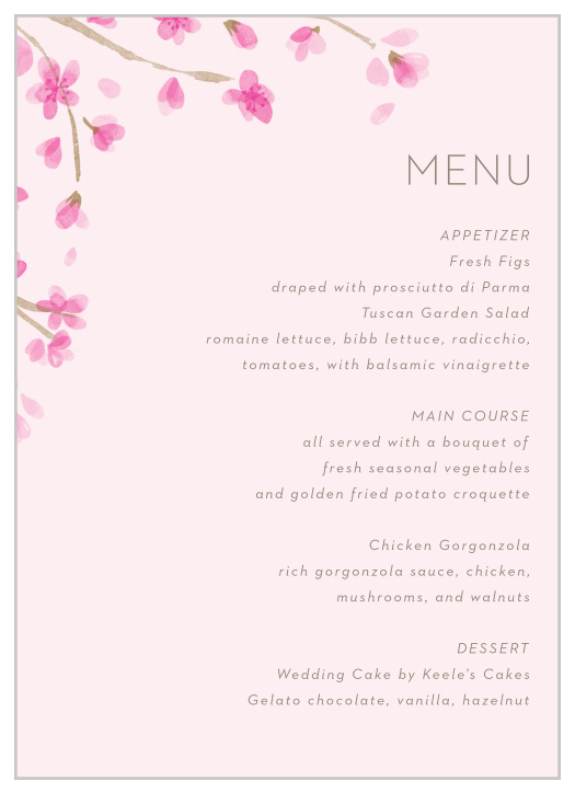 You'll love the delicate pink and brown tones of our Cherry Branch Wedding Menus!