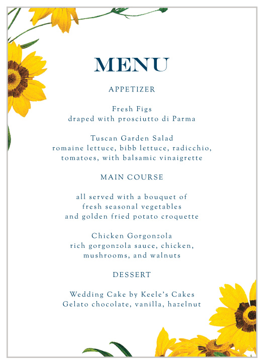 Give your guests the best meal options with our Framed Sunflowers Wedding Menus!
