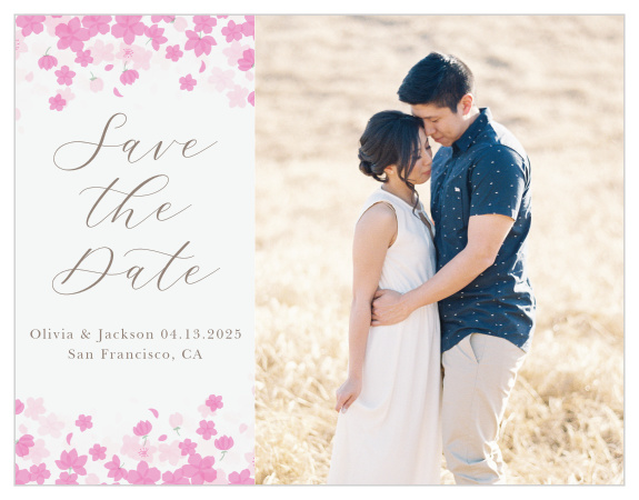 Your photo is beautifully displayed on the Cherry Blossoms Save-the-Date Cards.