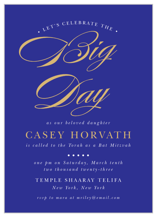 Bring your friends and family to celebrate with our Big Day Bat Mitzvah card.