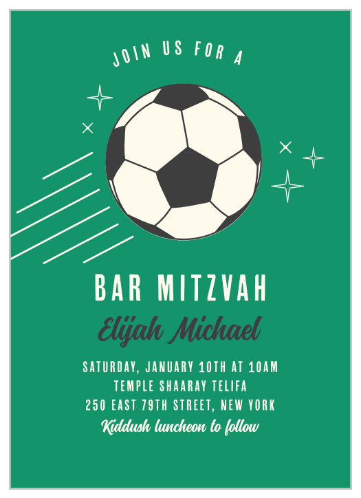 Invite your loved ones to join in on the celebration of one of the most important moments of your son's life with our Soccer & Stripes Bar Mitzvah Invitations.