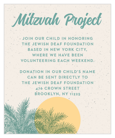 Help your child give back with our Beach Celebration Bar Mitzvah Cards.