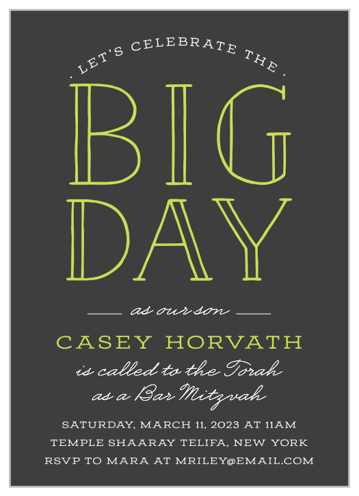 Gather your loved ones to join in on the celebration of one of the most important moments of your son's life with our Big Day Bar Mitzvah Invitation Cards.