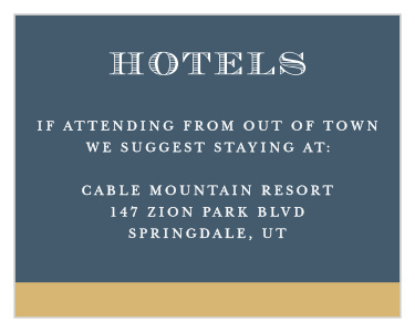 Keep your guests comfortable and carefree when you provide your local recommendations on our Medieval Sword Bar Mitzvah Lodging Cards. A classic rock-gray color fills the background, supplemented by a shimmering strip of gold-foil along the card's bottom border. With each of your words in brilliant white for easy reading and a stunning contrast, you can be sure that your guests will appreciate your suggestion.