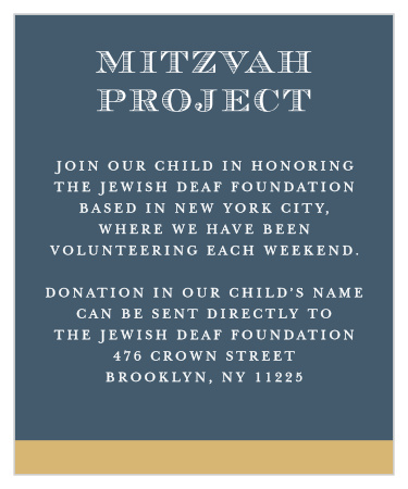 Showcase your chosen project and provide all of the necessary details with the simple design of our Medieval Sword Bar Mitzvah Project Cards. A classic rock-gray color adorns the background of each card, guaranteeing that the careful etching and neat typography stands out in its sheer white. With a strip of shimmering gold-foil to serve as each card's bottom border, you can be sure that these cards are an eye-catching addition to your Mitzvah.