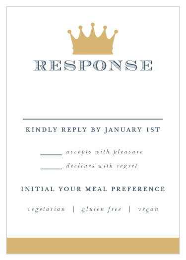 Gather the information you need with the shining resplendence of our Medieval Sword Bar Mitzvah Response Cards. A gold-foil crown tops the page, adorned by the insignia of the Star of David and matching the shimmer of the card's bottom border. With each of your words in the cool color of complementary rock-gray, these cards are a lovely addition to your preparations.