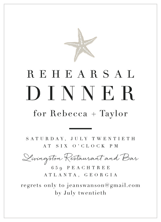 Our Elegant Starfish Rehearsal Dinner Invitations are perfect for gathering your friends and family together for a wedding test run.