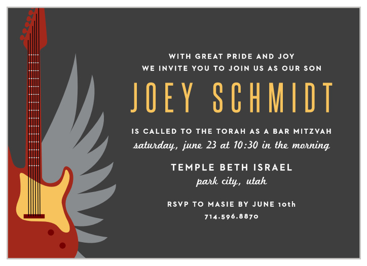 Invite your loved family and friends to join in on the celebration of one of the most important moments of your son's life with our Guitar Mitzvah Bar Mitzvah Invitations.