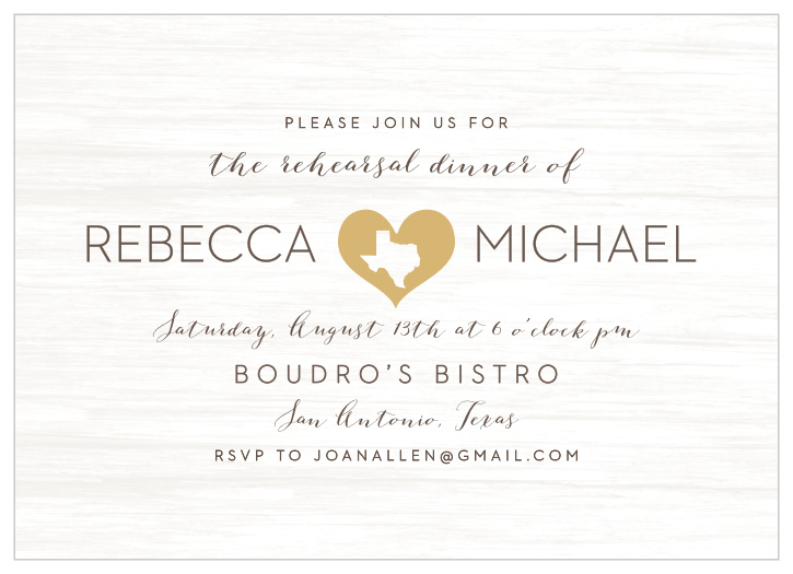 The rehearsal dinner is one of the highlights of the entire wedding event, so gather up everyone you love with our Texas Hearts Rehearsal Dinner Cards!