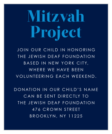 The simple design of our Hockey Mitzvah Bar Mitzvah Project Cards allows the focus of the cards to be on the project itself and the information about it that you provide!