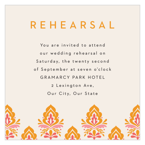 Our Damask Sides Rehearsal Cards bring family and friends together the night before to make sure your wedding goes smoothly.