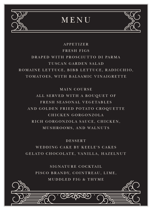Elegantly embellished, the Our Union Wedding Menus feature Victorian flourishes and traditional type.