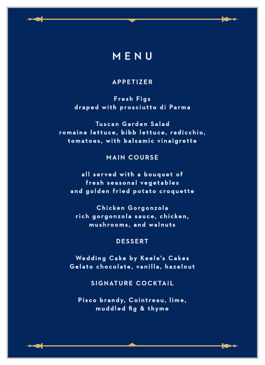The deep royal blue and gold color scheme of our Happily Ever After Wedding Menus create a sophisticated, regal look.