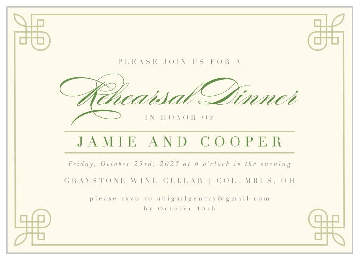 Our Irish Border Rehearsal Dinner Invitations are perfect for gathering your friends and family together for a wedding test run.