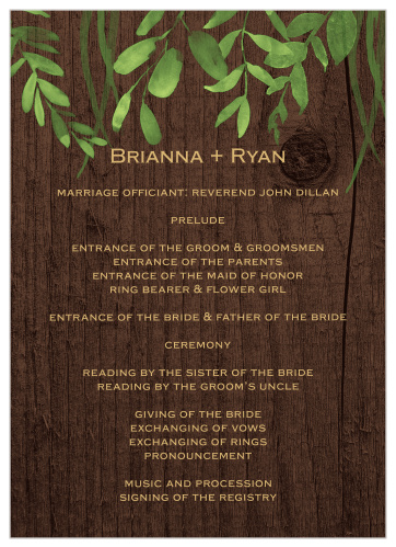 Leaves extend downward from the top of our Forever In Love Wedding Programs, creating a canopy over your words.