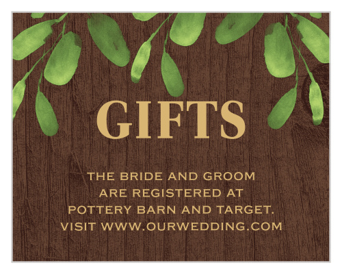 You'll love the leaves and wood illustrations that cover our Forever In Love Registry Cards!