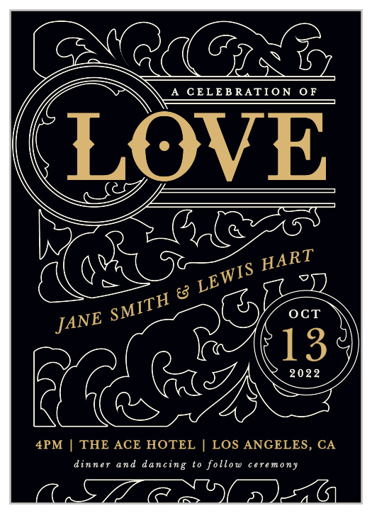 Share the collector's edition of your own love story on the beautifully-vintage background of our Ornate Love Wedding Invitations. Elegant swirls and intricate patterns decorate the page, filling the space between each set of wedding day details. With each word written in either a shining, shimmering gold-foil or bright white print against the sheer black backdrop, you can be sure that these classic cards look absolutely stunning in the homes and hands of your loved ones.