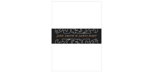 The picture of elegant intricacy, our Ornate Love Wedding Belly Bands are the perfect finishing touch for your wedding invitations. Elegant patterns form top and bottom borders around your own names, each letter of which are spelled out in shining, shimmering gold-foil.