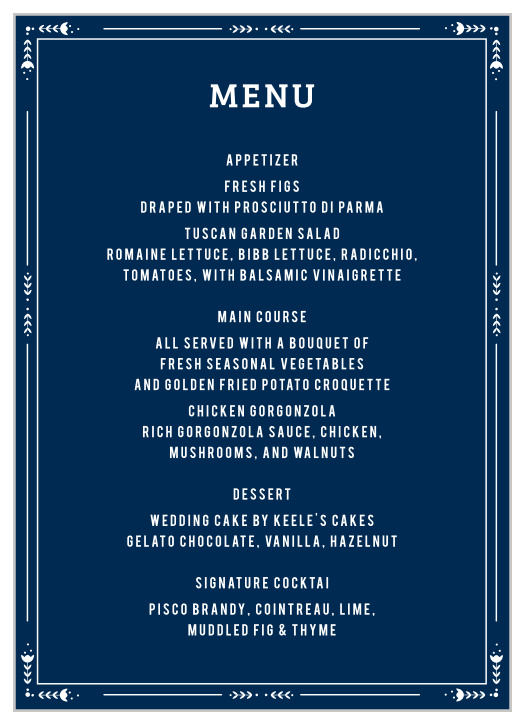 Everyone looks forward to dinner when they attend a wedding, so let your guests know what to expect with our beautiful Home Heart Wedding Menus. 