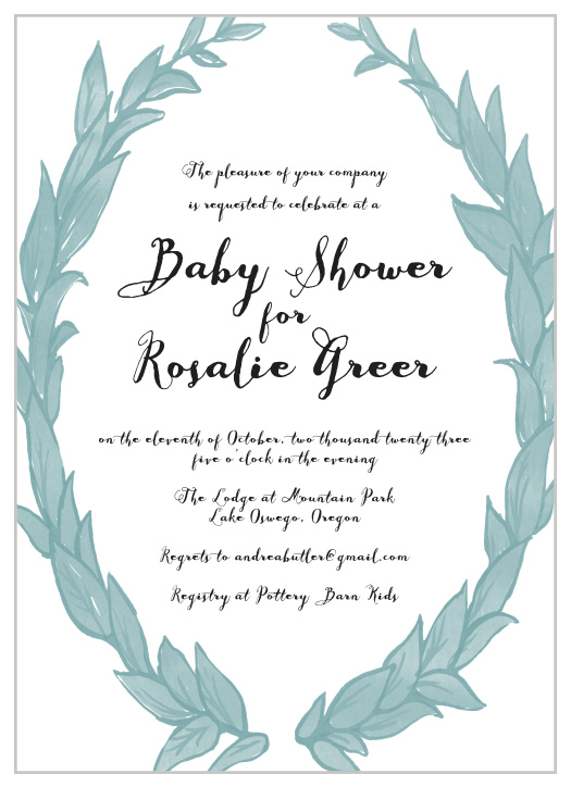 Enjoy the company of your friends and family when you use our Laurel Love Baby Shower Invitations to invite them.