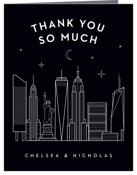 Your words of appreciation light up the night above the carefully outlined skyline of our NYC Skyline Wedding Thank You Cards.