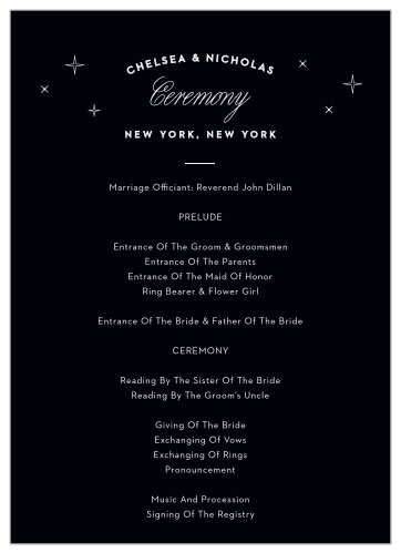 Spell out every special moment of your wedding day with the neat typography and swirling calligraphy of our NYC Skyline Wedding Programs.