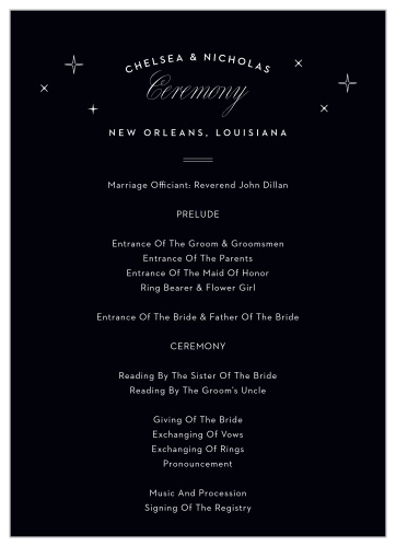 Twinkling stars frame your names on the top of our New Orleans Skyline Wedding Programs!