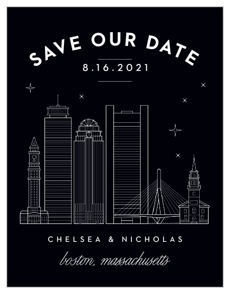 Ensure that your loved ones mark their calendars for your wedding with our high-contrast designed Boston Skyline Save-the-Date Cards.
