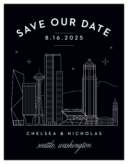Give an unforgettable reminder with the Seattle Skyline Save-the-Date Magnets!