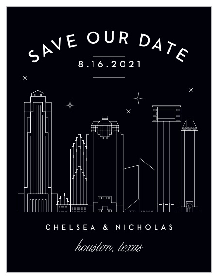 Ensure that your loved ones mark their calendars for your wedding with our high-contrast designed Houston Skyline Save-the-Date Cards.