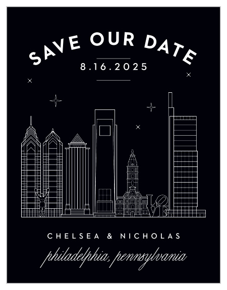 Provide your guests with a stunning first look at your style and themes with our Philly Skyline Save-the-Date Cards.