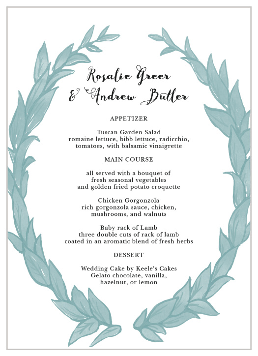 The Leafy Love wedding menu has plenty of room for all your important details. Make your fairy tail wedding complete with Leafy Love menu.