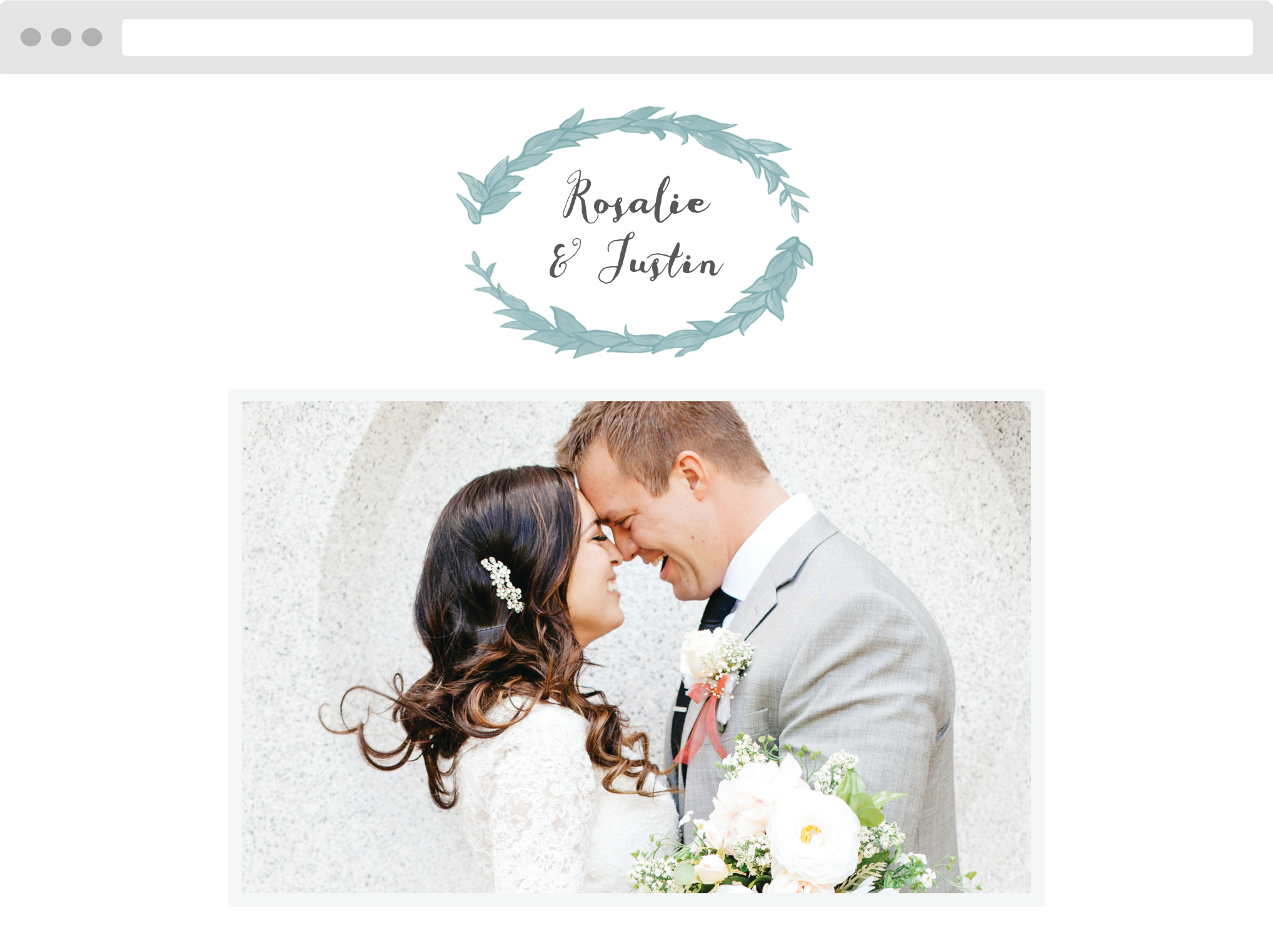 The beautifully simple Leafy Love Website is adorned in a watercolored wreath emblem that holds your names above your lovely engagement photo.