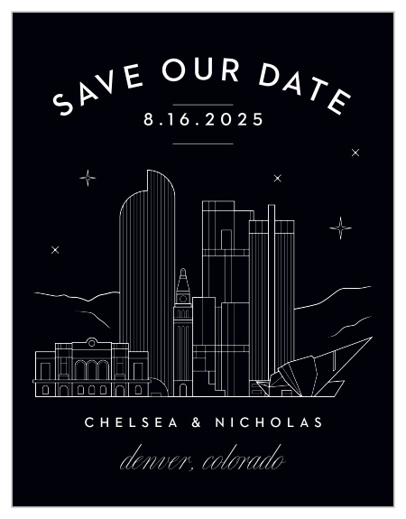 Ensure that your loving family and friends mark their calendars for your wedding with our beautifully illustrated Denver Skyline Save-the-Date Magnets.