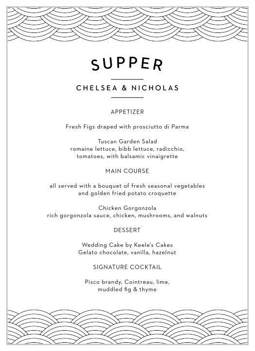 Inform your guests what you will have served on your wedding day with our minimalist Denver Skyline Wedding Menus.