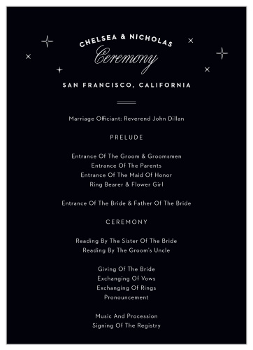 Twinkling stars frame your names on the top of our San Francisco Skyline Wedding Programs!