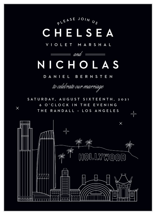 Our Los Angeles Skyline Wedding Invitations feature the city's most prominent buildings, along with the notorious Hollywood sign.
