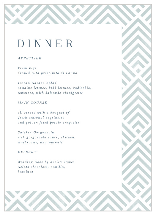 Let family and friends know what mouthwatering foods will be served at your reception with our Elegantly Modern Wedding Menus.