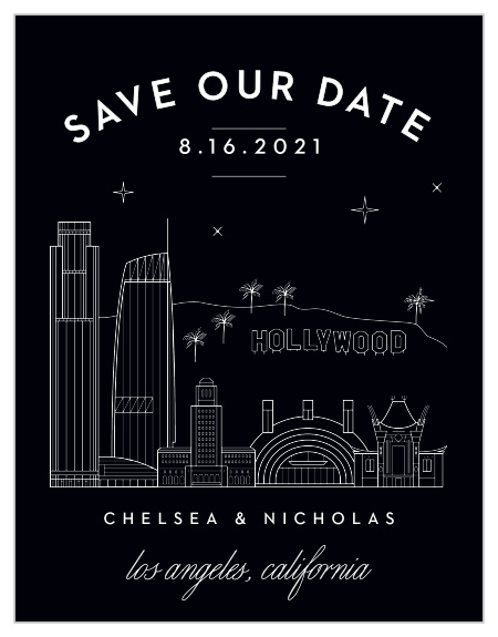 Our Los Angeles Skyline Save-the-Date Magnets feature the city's most prominent buildings, along with the notorious Hollywood sign.