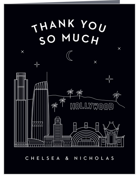 Our Los Angeles Skyline Wedding Thank You Cards feature the city's most prominent buildings, along with the notorious Hollywood sign.