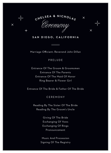 Lay out all the details of the events surrounding your big day with our San Diego Skyline Wedding Programs. Your names and the word "Ceremony" are adorned with illustrations of stars at the top of each page.