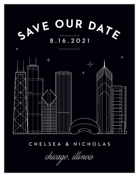 Ensure that your loved ones' calendars have your wedding date marked in their calendar with our Chicago Skyline Save-the-Date Magnets.