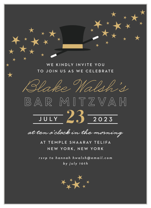 Invite loved family and friends to join in on one of the most important moments of your son's life with our Magical Magician Bar Mitzvah Invitations.