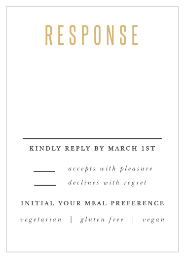 Gather the details you need from your guests with the lovely style of our B'nai Blessing Bar Mitzvah Response Cards. Simple and yet undeniably bold, these cards feature a shining gold-foil along the top as an eye-catching introduction to your son's big day. With black print in clean-cut typography for easy reading, you can be sure that you're as prepared for your guests as they are for your celebration.