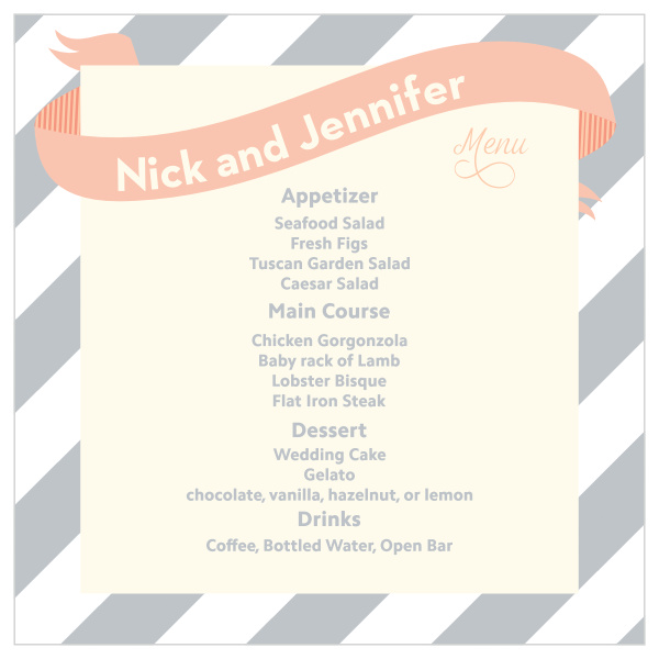 Our Ribbon & Stripes wedding menu with its distinctive and bold striped matches the rest of the Ribbon & Stripes invitation suite perfectly.