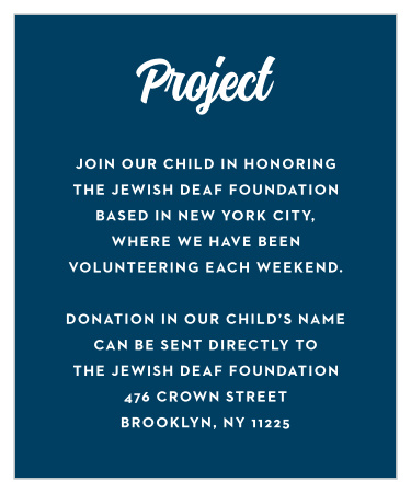 Let your guests know what charitable project your child has taken up with our Batter Up Bar Mitzvah Project Cards!