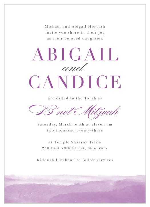 Our B'not Watercolor Bat Mitzvah Invitations offer a delicate, soft design that brings about a delicate beauty.