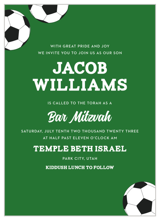 A Bar Mitzvah is an important time of life, so round up your child's friends and family with our Soccer Stacks Bar Mitzvah Invitations!