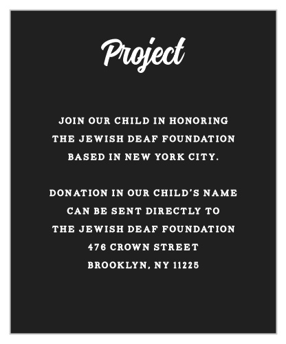 You can let everyone know what charitable project your child is taking part in using our Soccer Stacks Bar Mitzvah Project Cards!