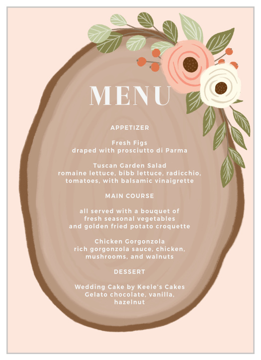 Describe what will be served at your reception to family and friends with our Country Chic Wedding Menus.